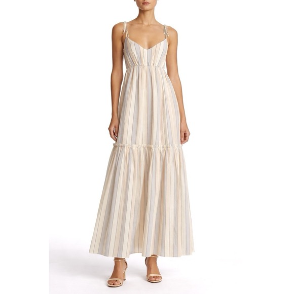 Zimmermann Dresses & Skirts - ZIMMERMANN Tiered Maxi Dress Cotton Tie Strap Natural Blue Metallic Stripe S‎